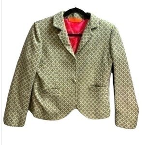 Moksha Womens Suit Jacket Blazer Green 100% Wool Geometric Pockets Long Sleeve M